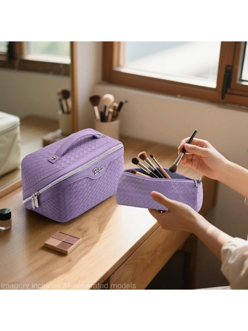 Large Capacity Travel Makeup Bag Set - Waterproof Vegan Leather Cosmetic